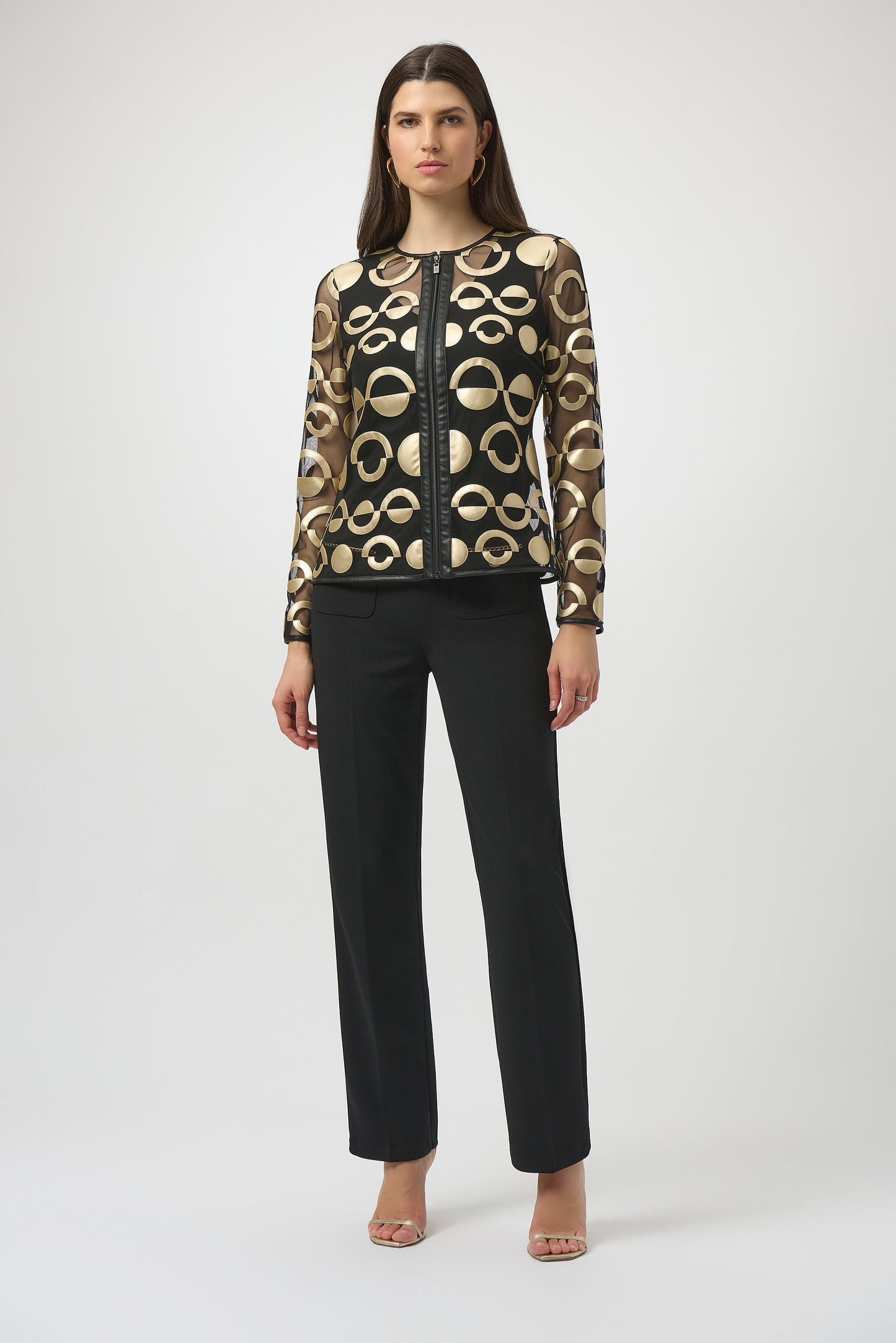 Chaqueta sin cuello de malla y polipiel dorado y negro 254923