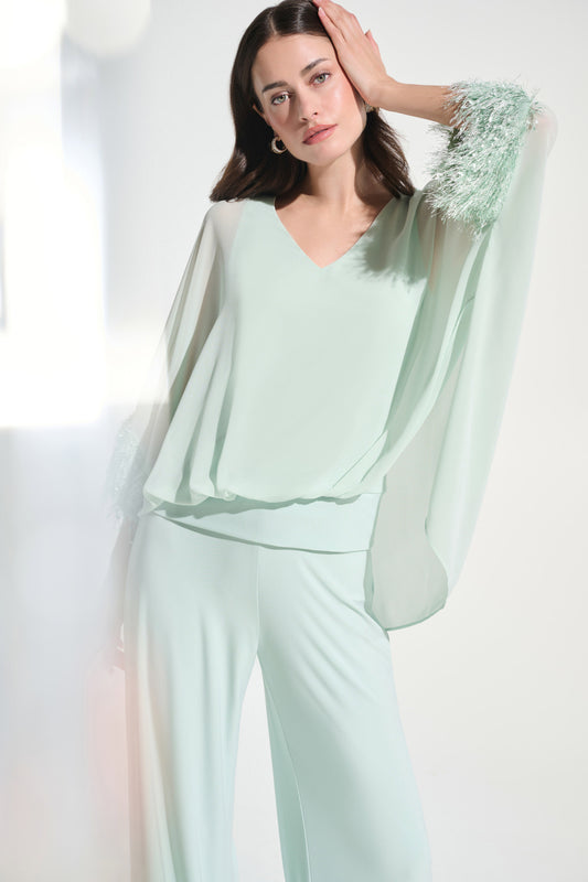 Blusa de gasa con ribete de flecos verde pistacho 262711