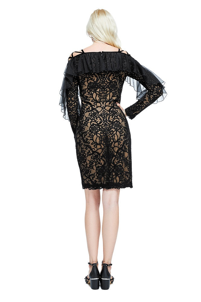 Vestido corto de encaje negro bordado y volantes AZY17626M