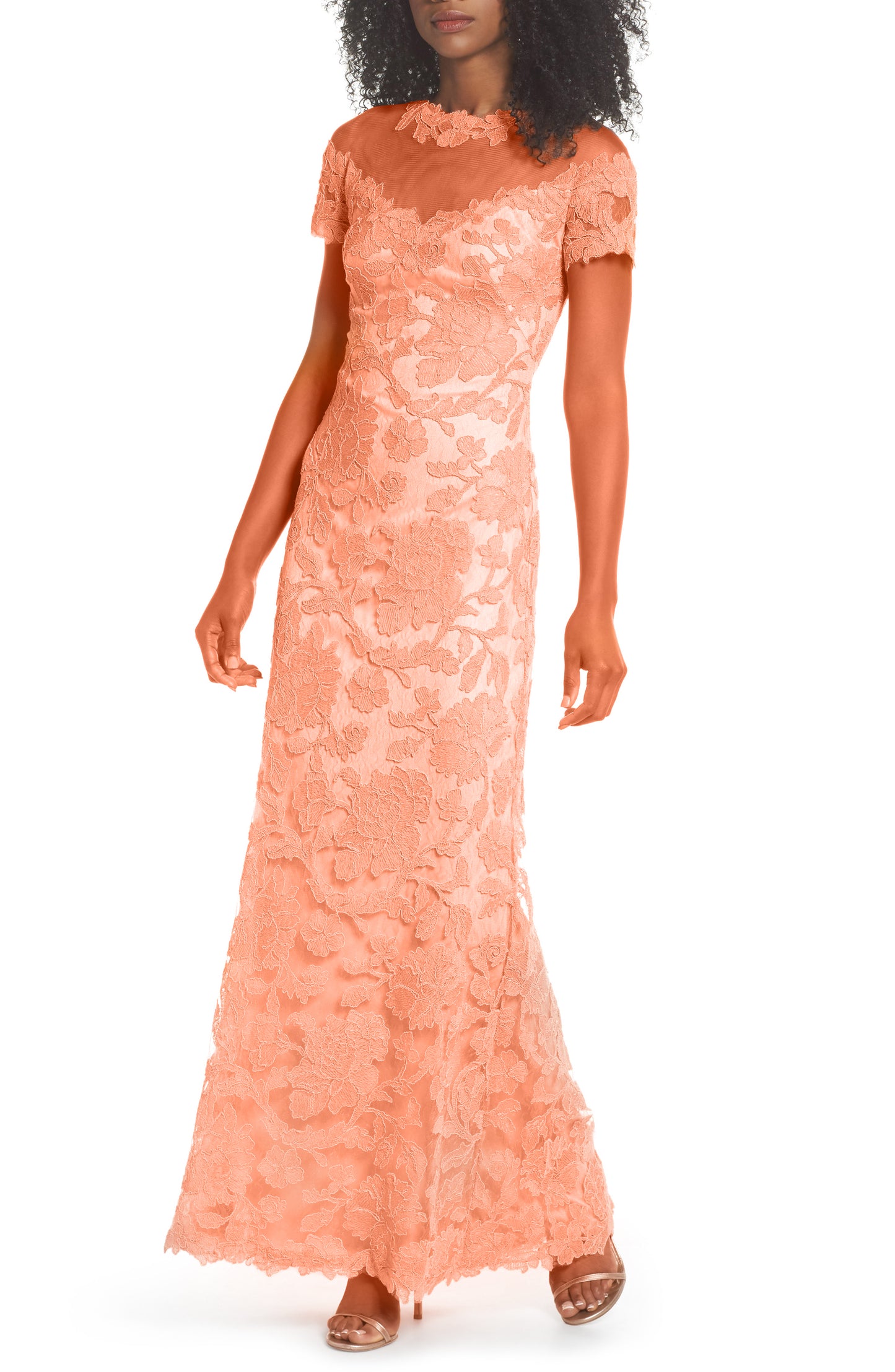 Vestido bordado con malla color durazno 17337 Tadashi Shoji