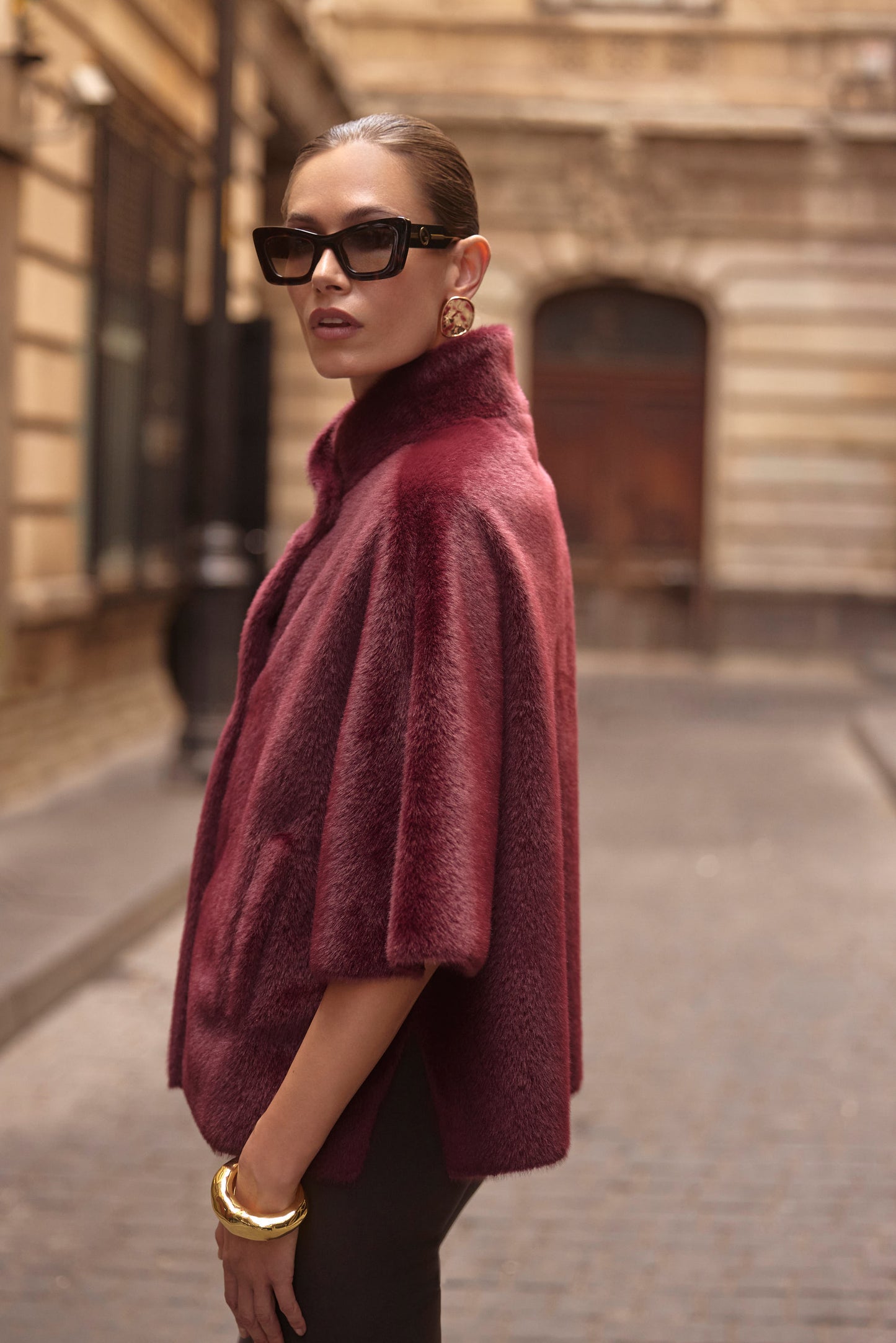 Chaqueta de piel y ante sintéticos rojo merlot 253924