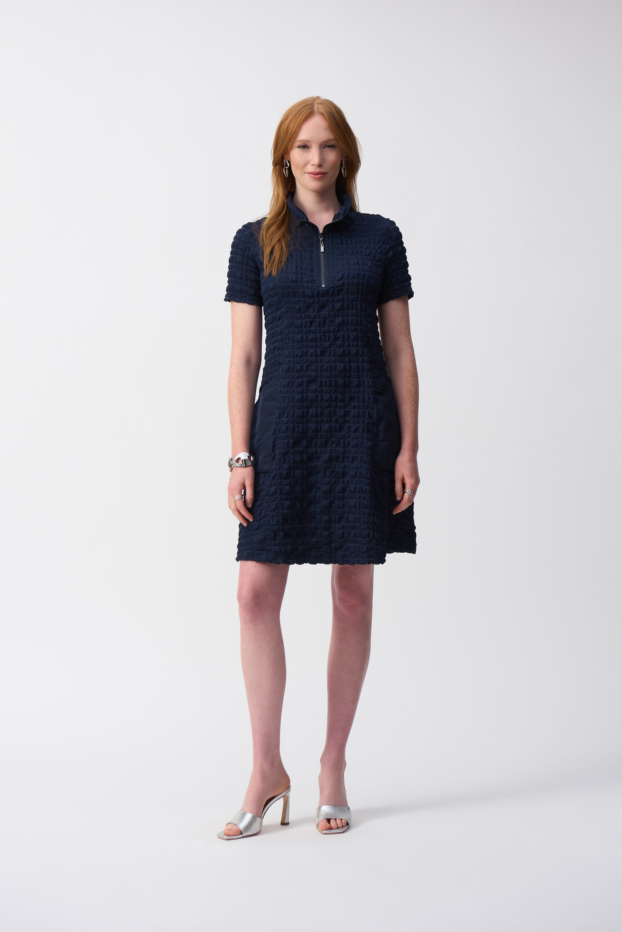 Vestido de línea A de jacquard azul marino 251084