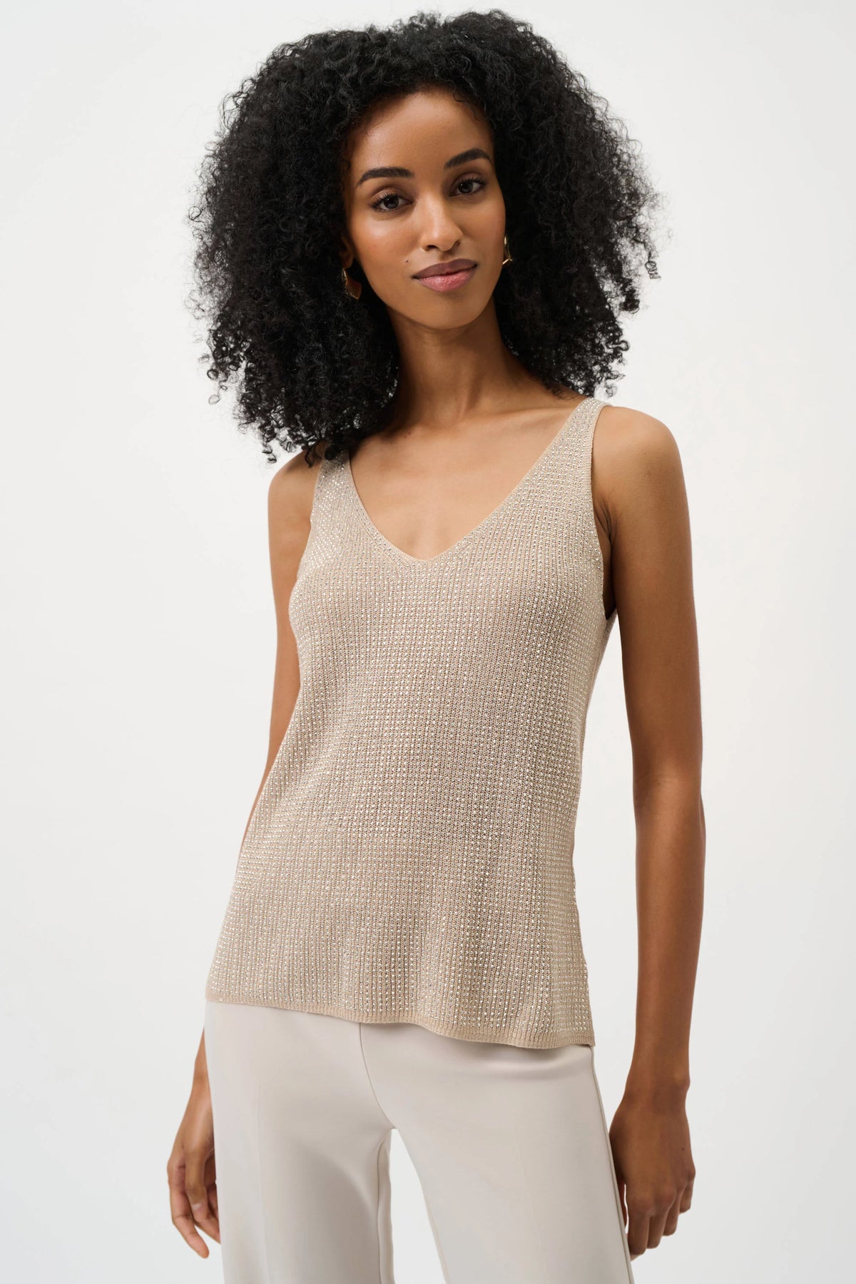 Blusa sin mangas metalizada con pedrería beige champagne 252915