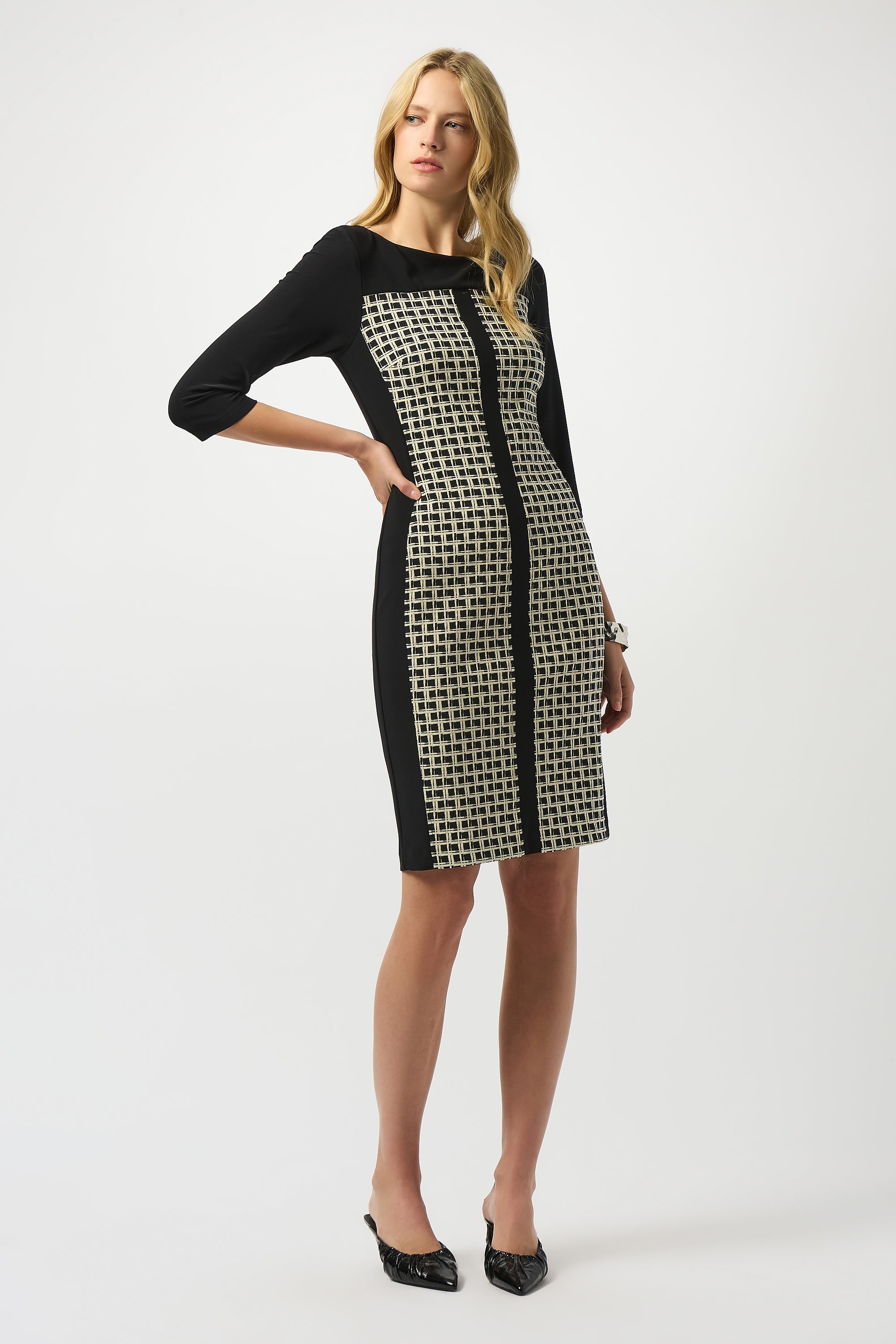 Vestido tubo con estampado geométrico negro y beige 253284