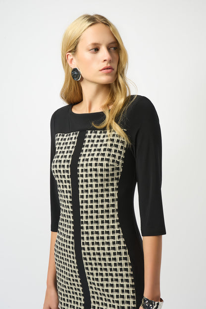 Vestido tubo con estampado geométrico negro y beige 253284