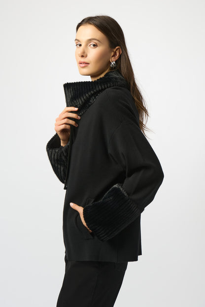 Chaqueta de punto de jersey con ribete de peluche negro 253905