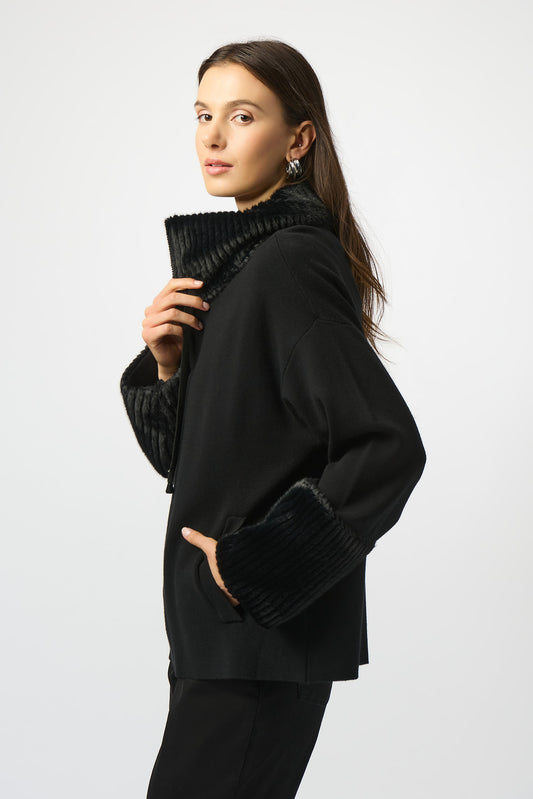 Chaqueta de punto de jersey con ribete de peluche negro 253905