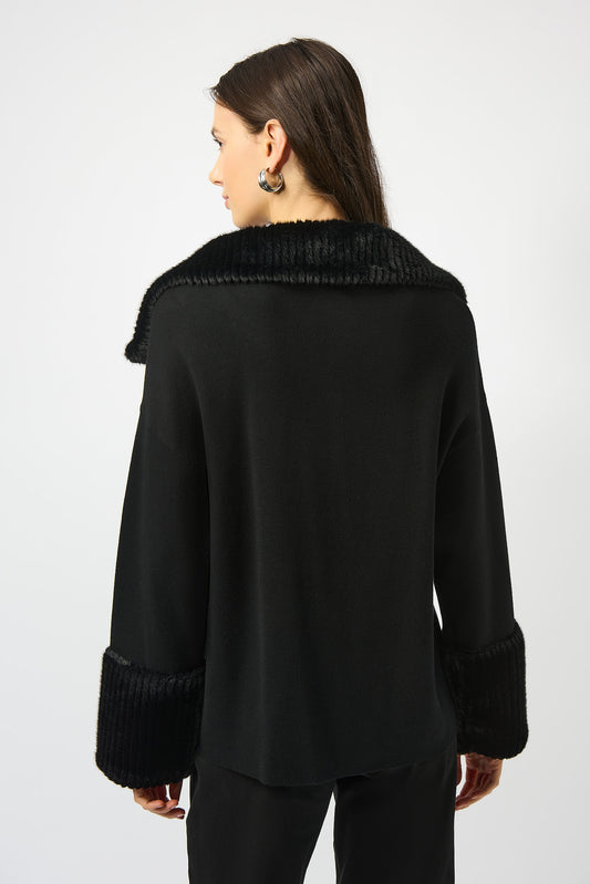 Chaqueta de punto de jersey con ribete de peluche negro 253905