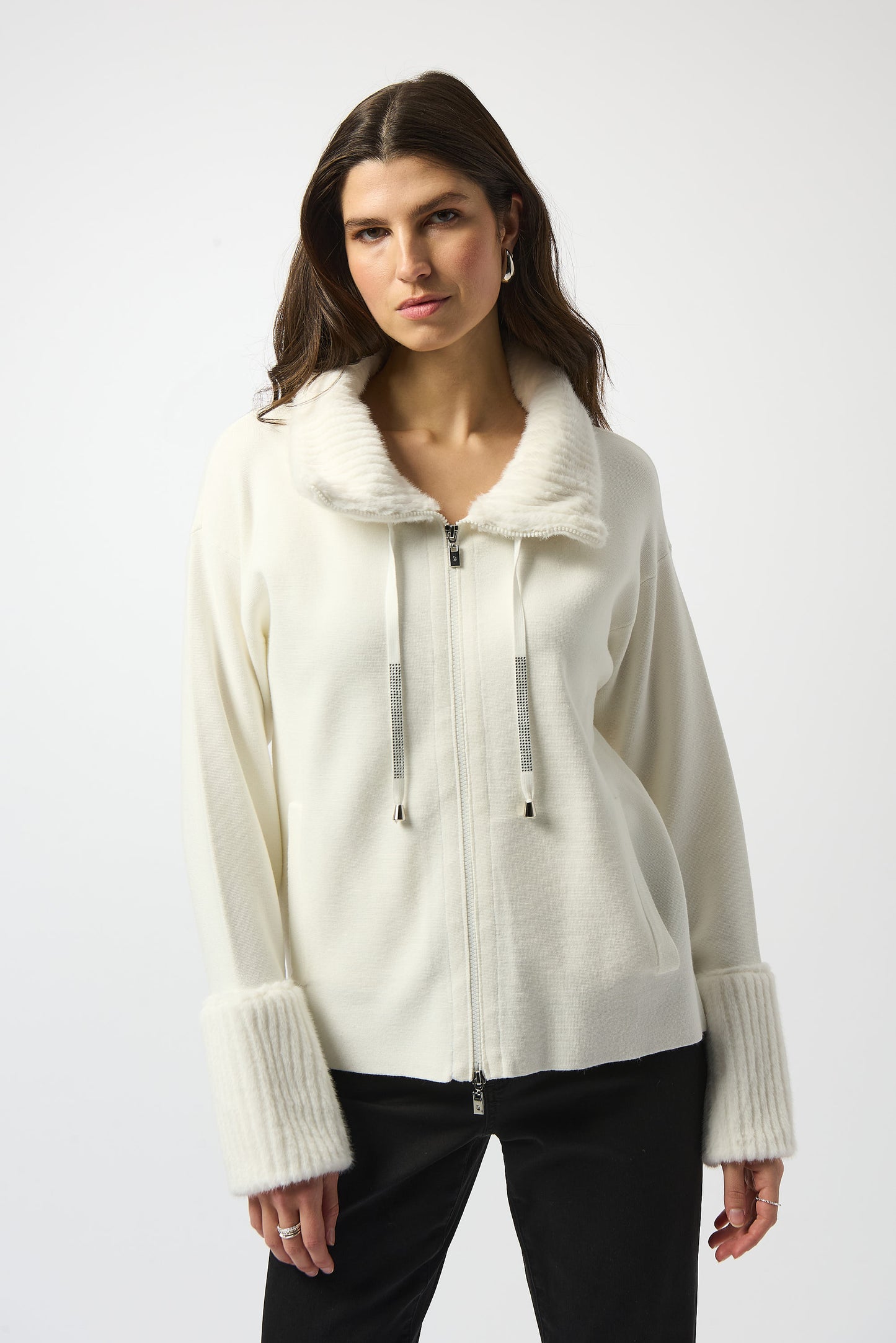 Chaqueta de punto de jersey con ribete de peluche blanco invierno 253905