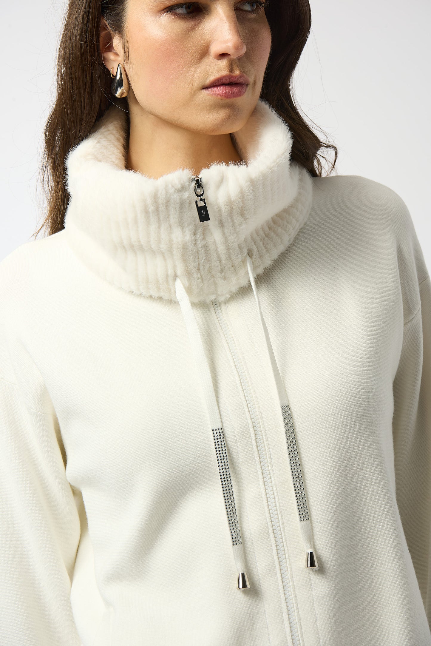 Chaqueta de punto de jersey con ribete de peluche blanco invierno 253905