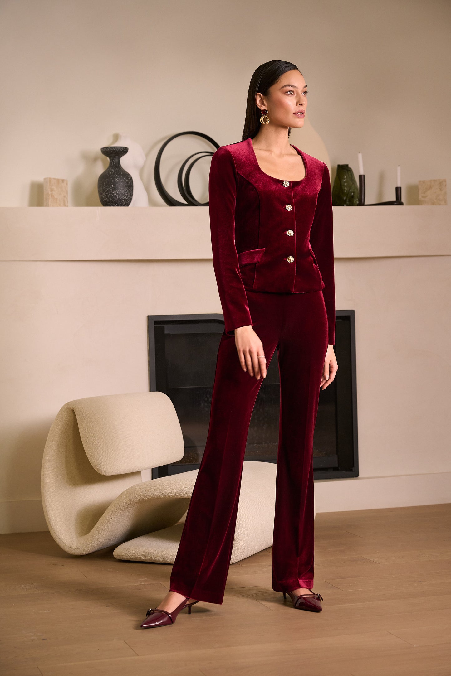 Blazer ajustado de terciopelo con cuello cuadrado rojo burdeos 254197