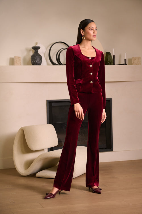 Blazer ajustado de terciopelo con cuello cuadrado rojo burdeos 254197