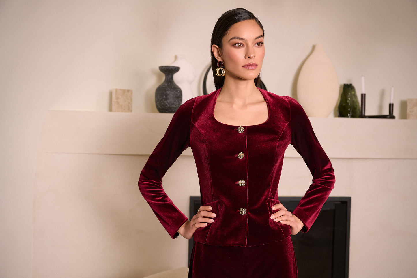 Pantalón sin cierres acampanados de terciopelo rojo burdeos 254195