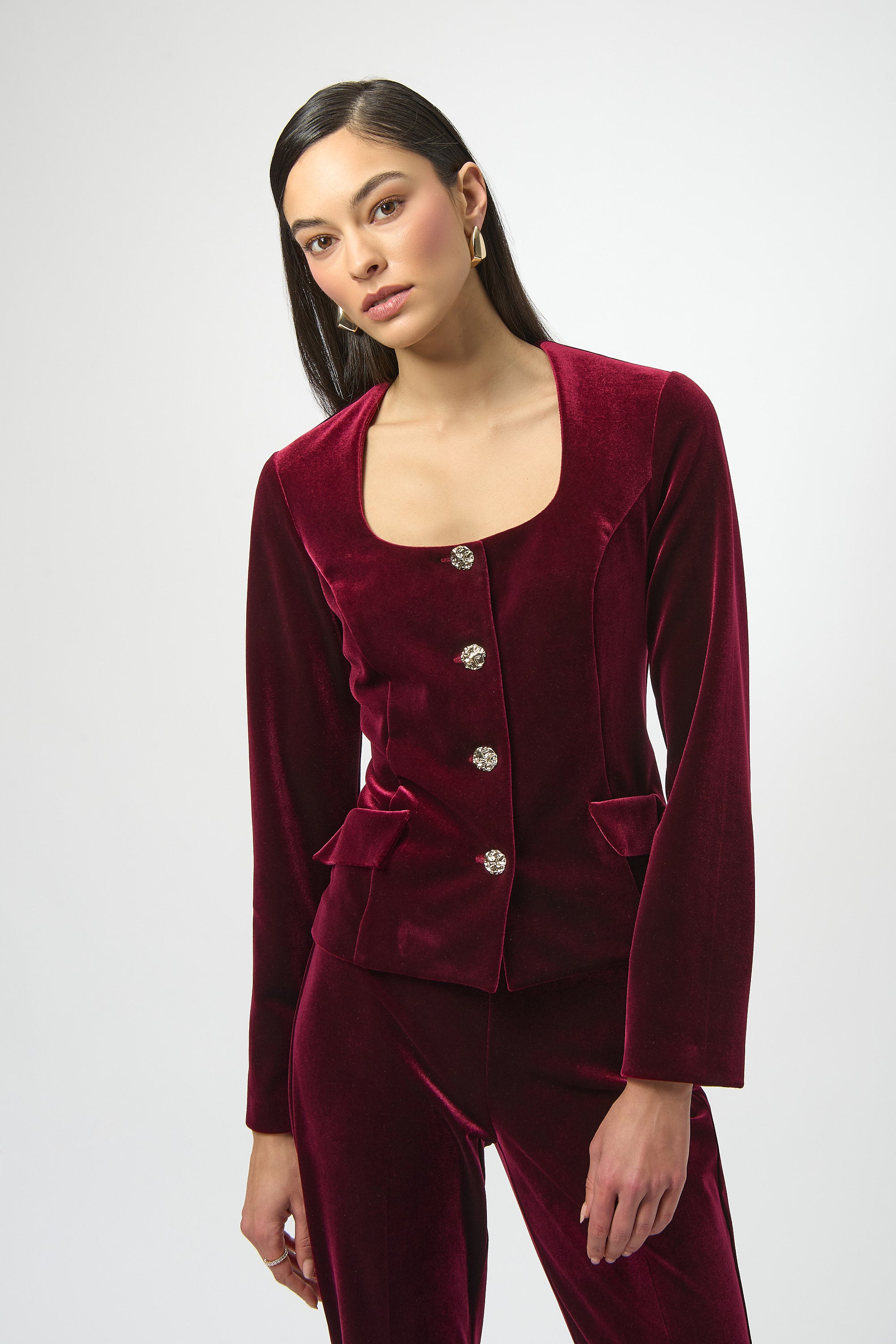 Blazer ajustado de terciopelo con cuello cuadrado rojo burdeos 254197