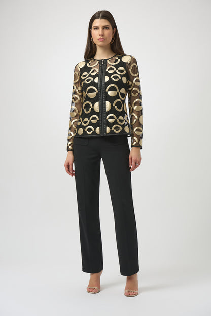 Chaqueta sin cuello de malla y polipiel dorado y negro 254923