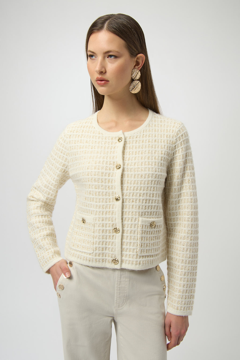 Cárdigan de punto con brillo y botones dorados blanco y oro 254938