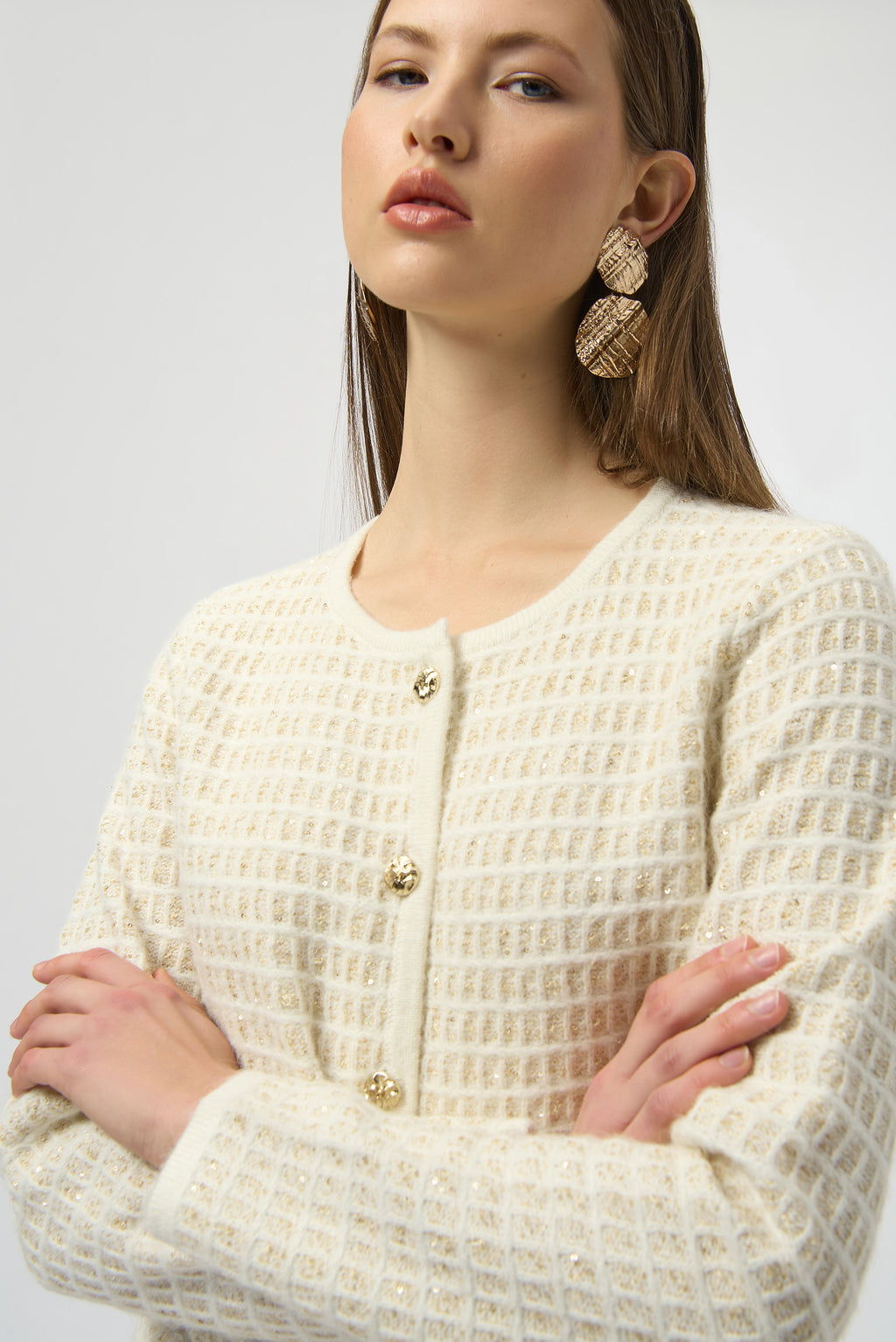 Cárdigan de punto con brillo y botones dorados blanco y oro 254938