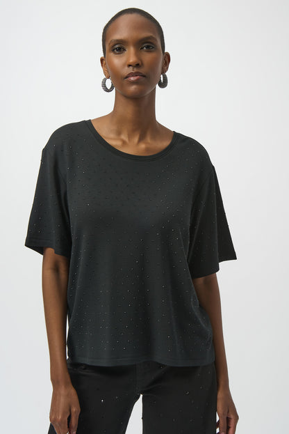 Blusa de punto con cuello redondo y pedrería negro 254968