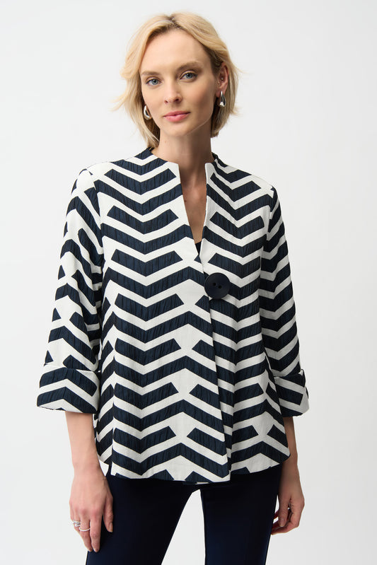 Chaqueta de corte trapecio en jacquard geométrico Blanco roto/Azul marino 261097