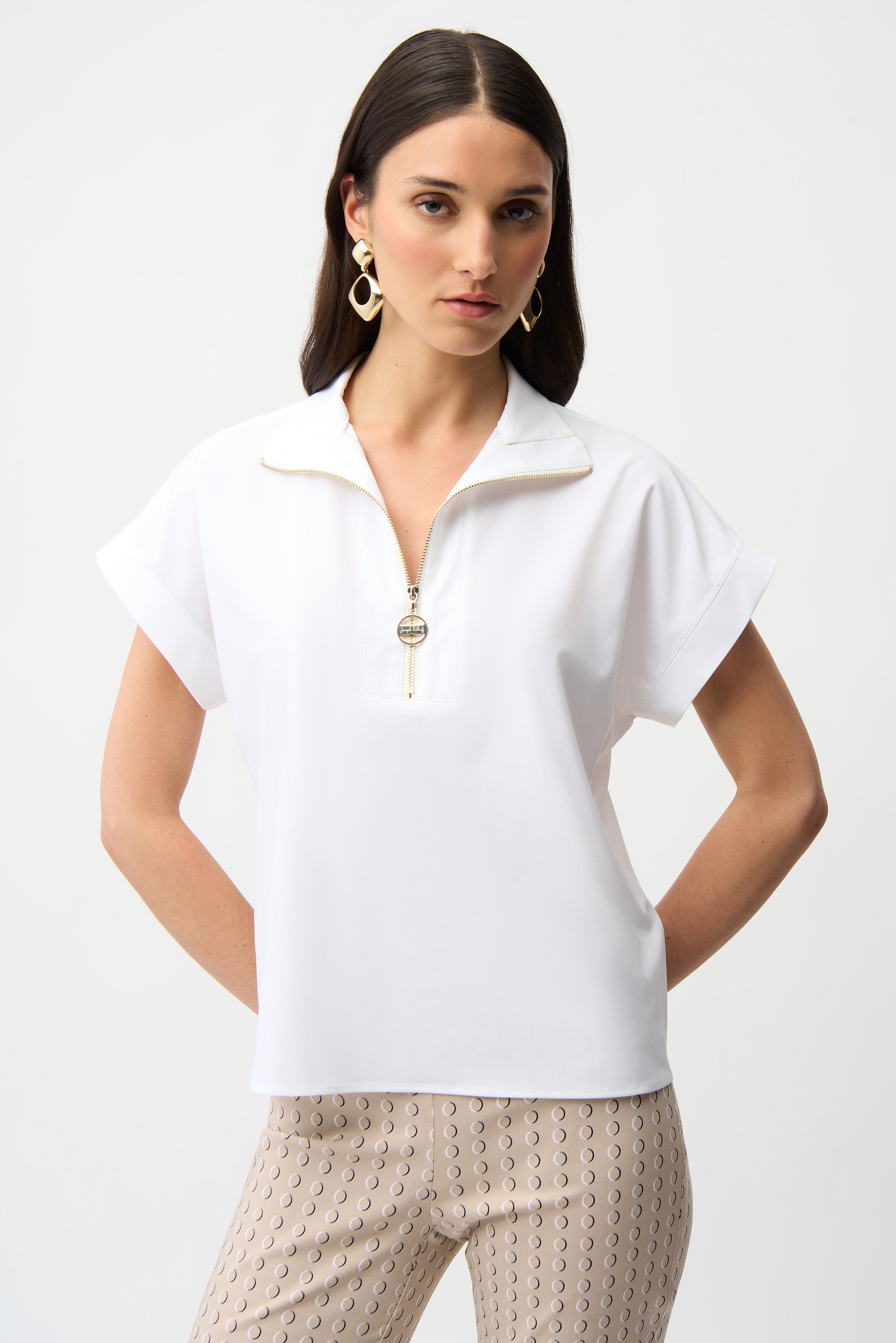 Blusa recta elástica con escote con cremallera blanco 261140