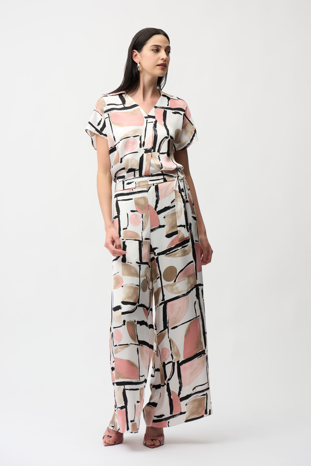 Pantalones con estampado abstracto de pierna ancha sin cierres rosa 261198