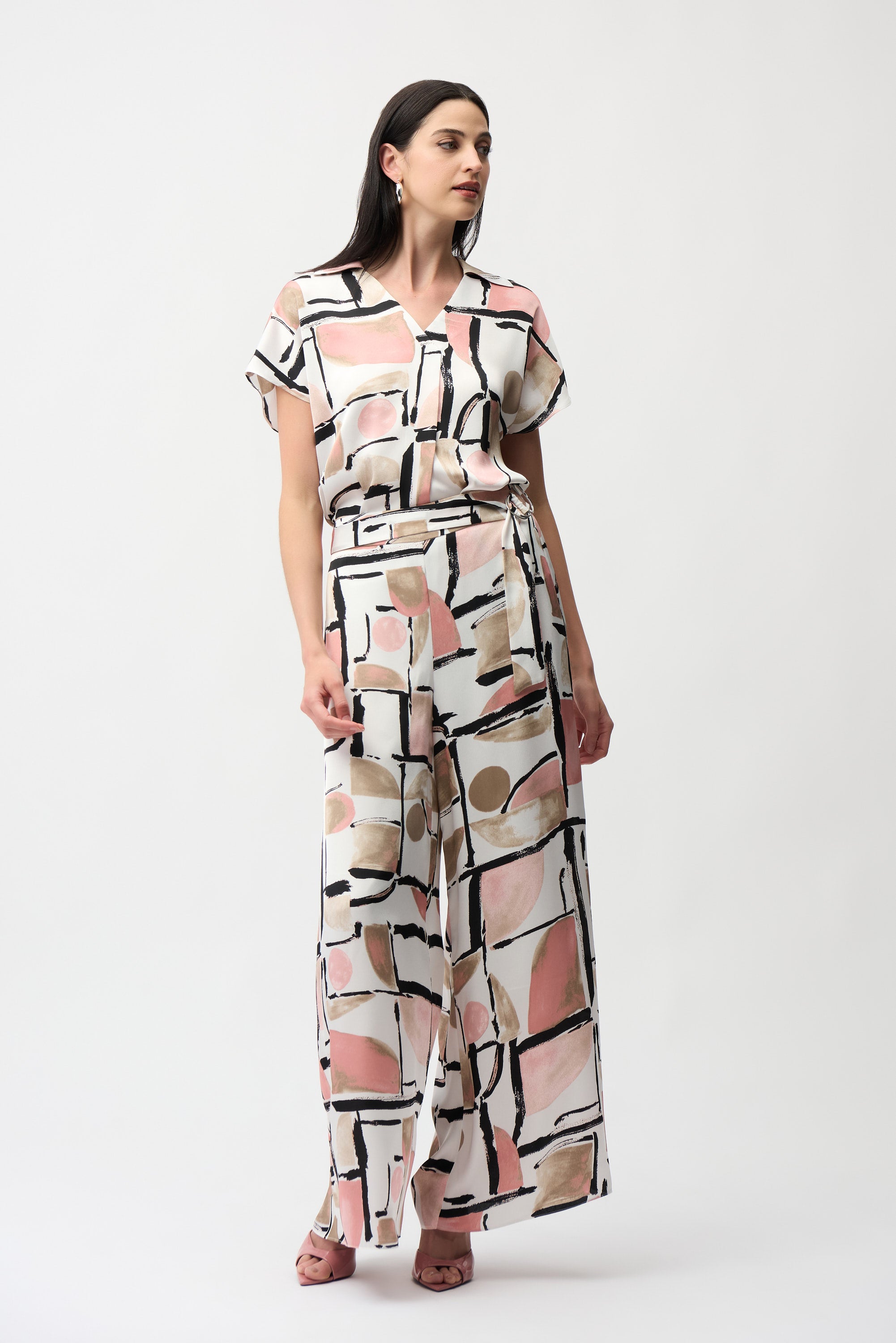 Pantalones con estampado abstracto de pierna ancha sin cierres rosa 261198
