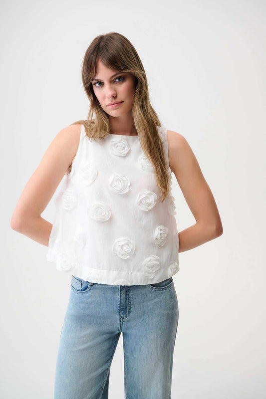Top sin mangas de novedad con bordado floral en 3D blanco 261220