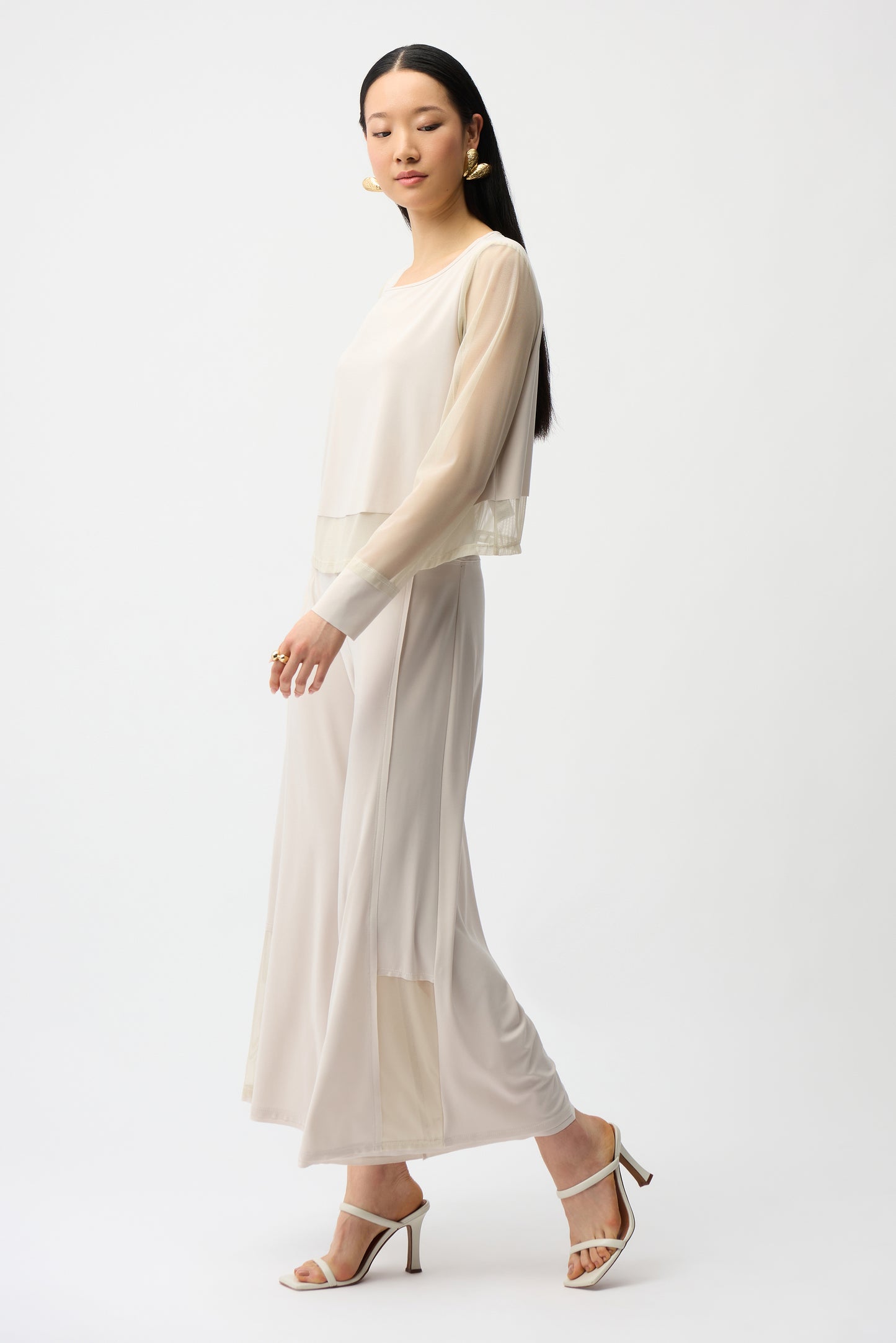 Pantalón de pierna ancha sin cierres malla beige piedra de luna 261277