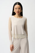 Blusa con cuello redondo y mangas de malla beige piedra de luna 261278