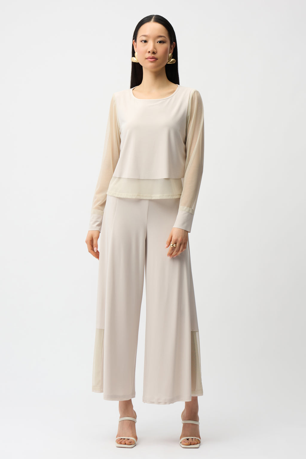 Blusa con cuello redondo y mangas de malla beige piedra de luna 261278
