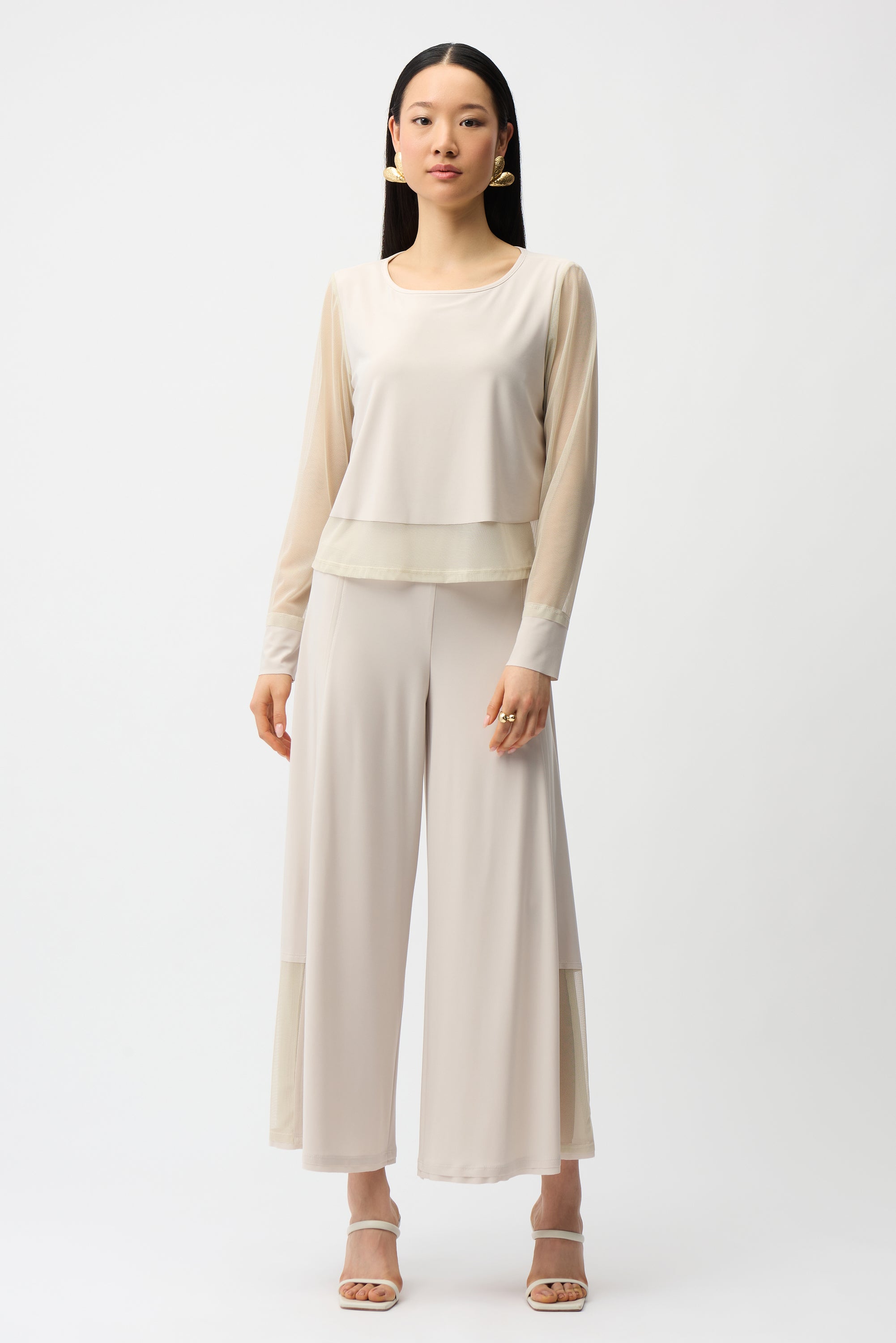 Blusa con cuello redondo y mangas de malla beige piedra de luna 261278