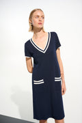 Vestido de línea a con ribete de canalé azul añil y vainilla 261648