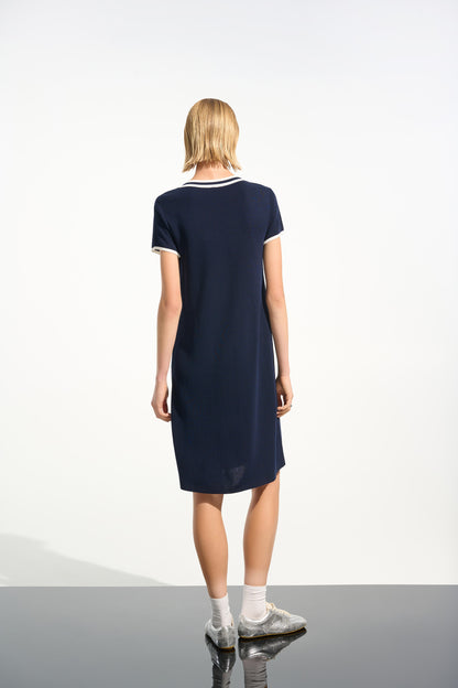 Vestido de línea a con ribete de canalé azul añil y vainilla 261648