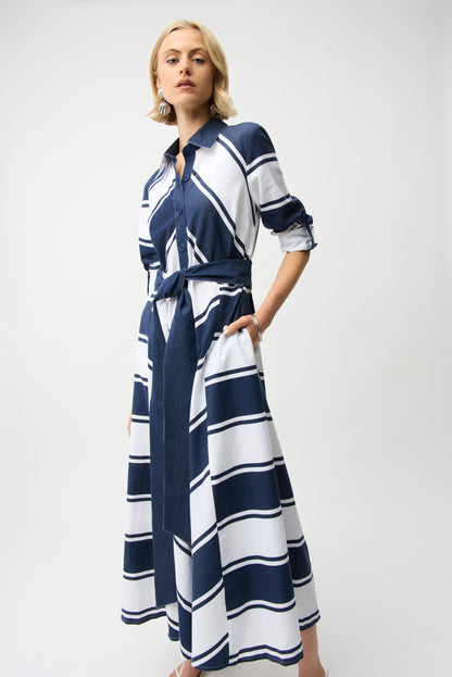 Vestido camisero con estampado de rayas de algodón azul Marino y blanco 261936