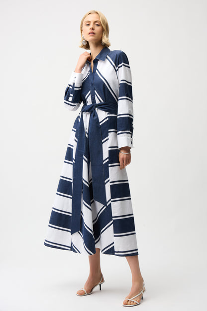 Vestido camisero con estampado de rayas de algodón azul Marino y blanco 261936