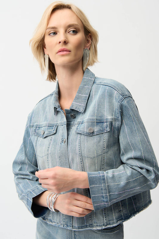 Chaqueta de mezclilla con pedrería azul claro 261958