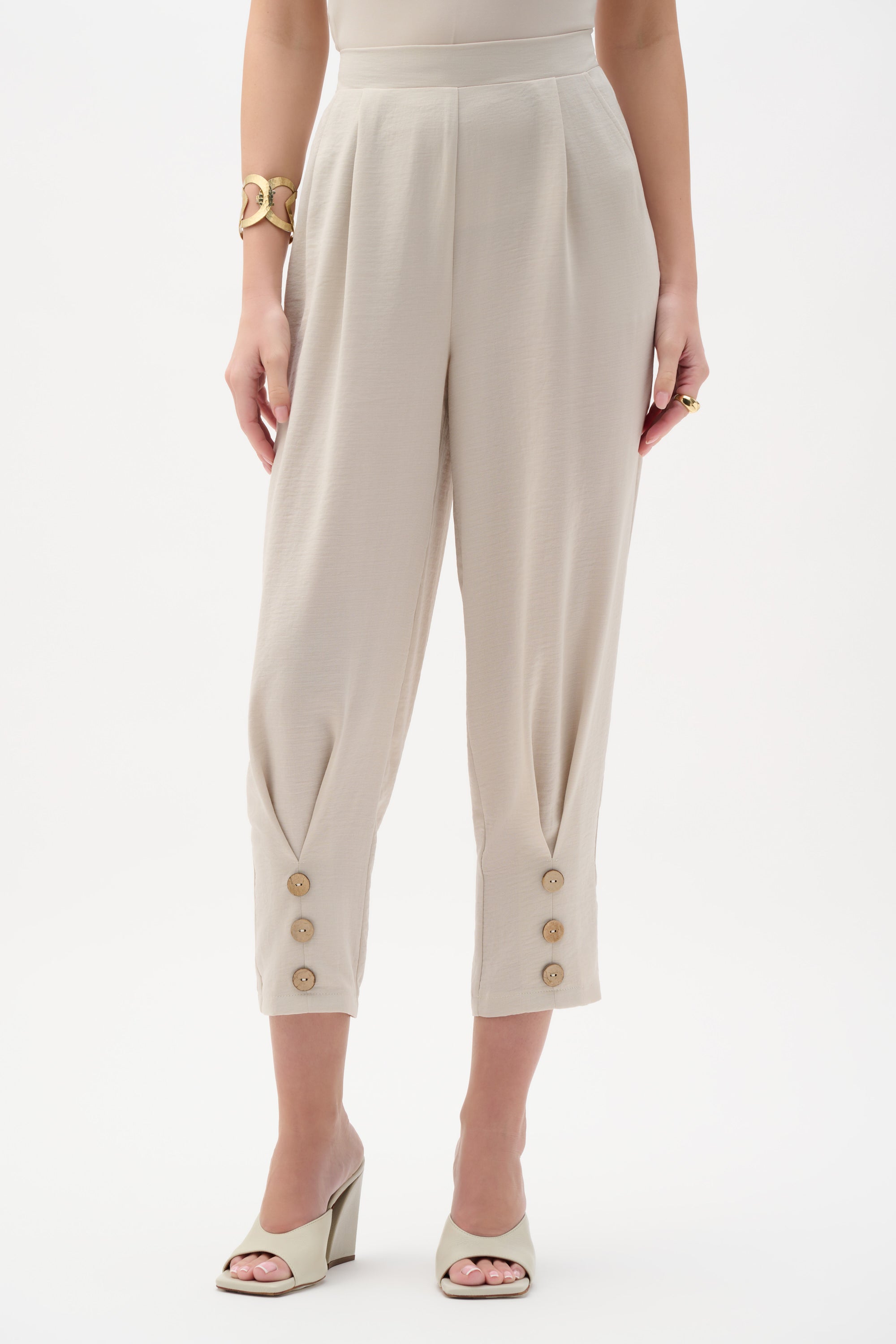 Pantalón de pierna tipo barril en tejido de gasa sin cierres beige piedra de luna 262044