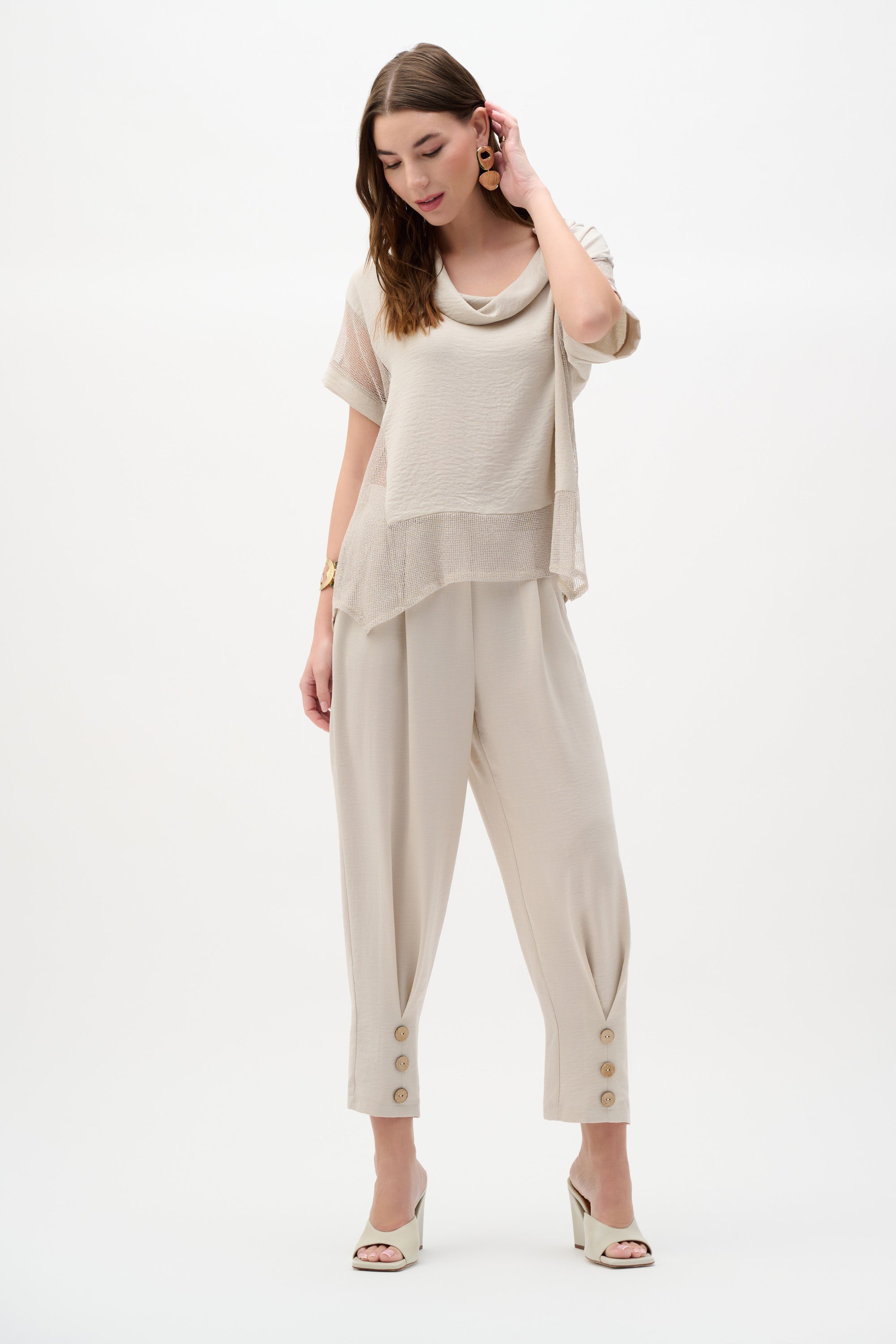 Pantalón de pierna tipo barril en tejido de gasa sin cierres beige piedra de luna 262044
