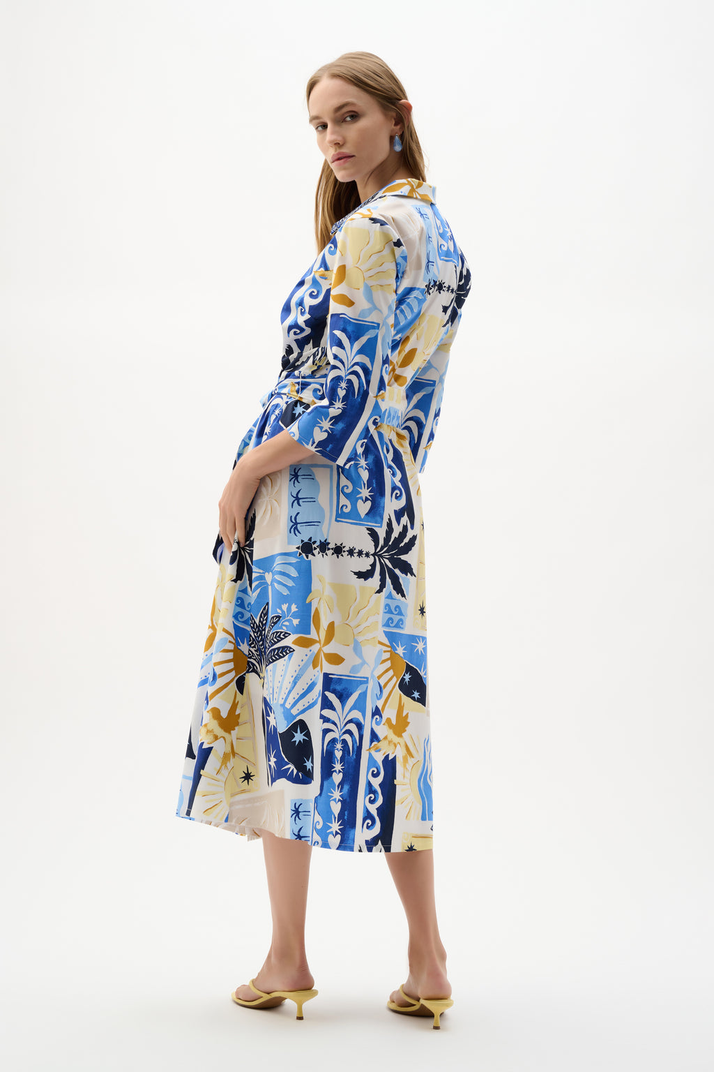 Vestido cruzado de algodón elástico y corte en A con estampado tropical azul 262225