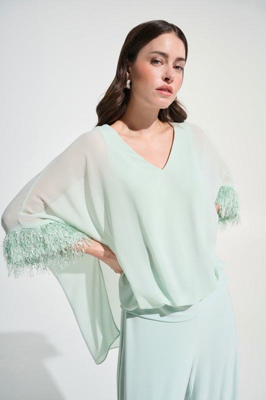 Blusa de gasa con ribete de flecos verde pistacho 262711