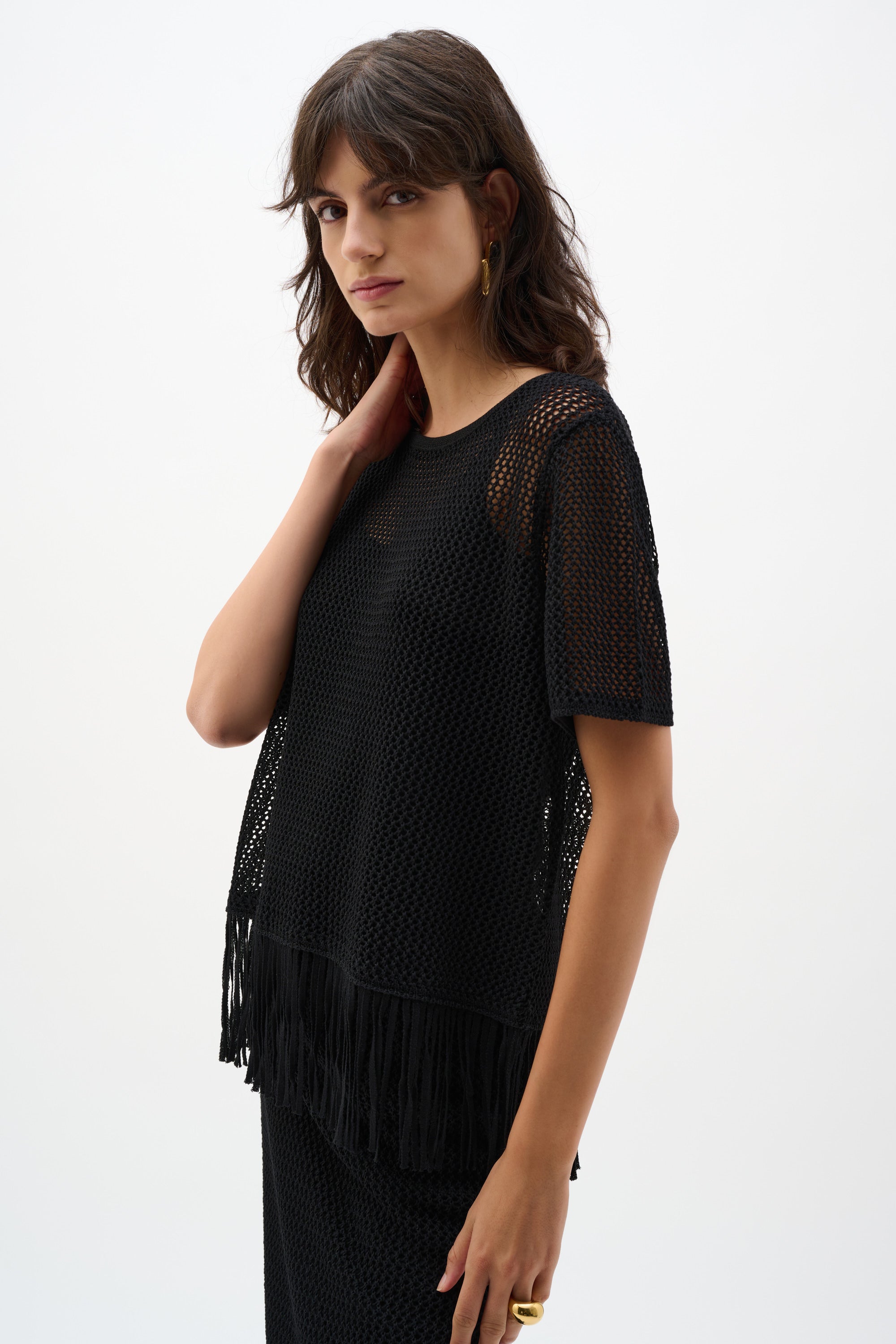 Top de punto de rayón de viscosa con ribete de flecos negro 262928