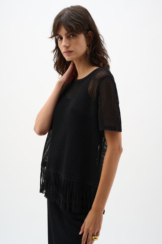Top de punto de rayón de viscosa con ribete de flecos negro 262928