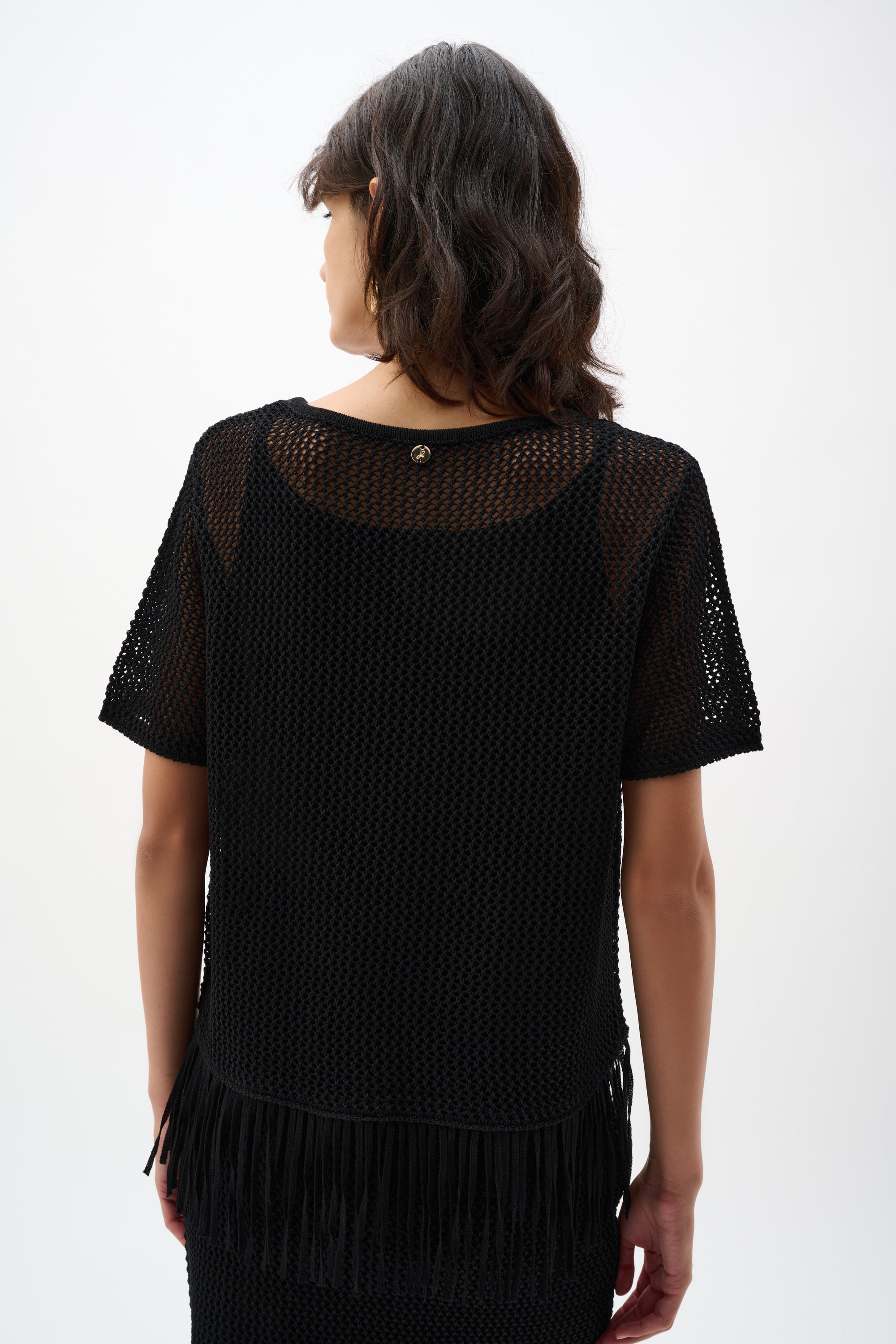 Top de punto de rayón de viscosa con ribete de flecos negro 262928