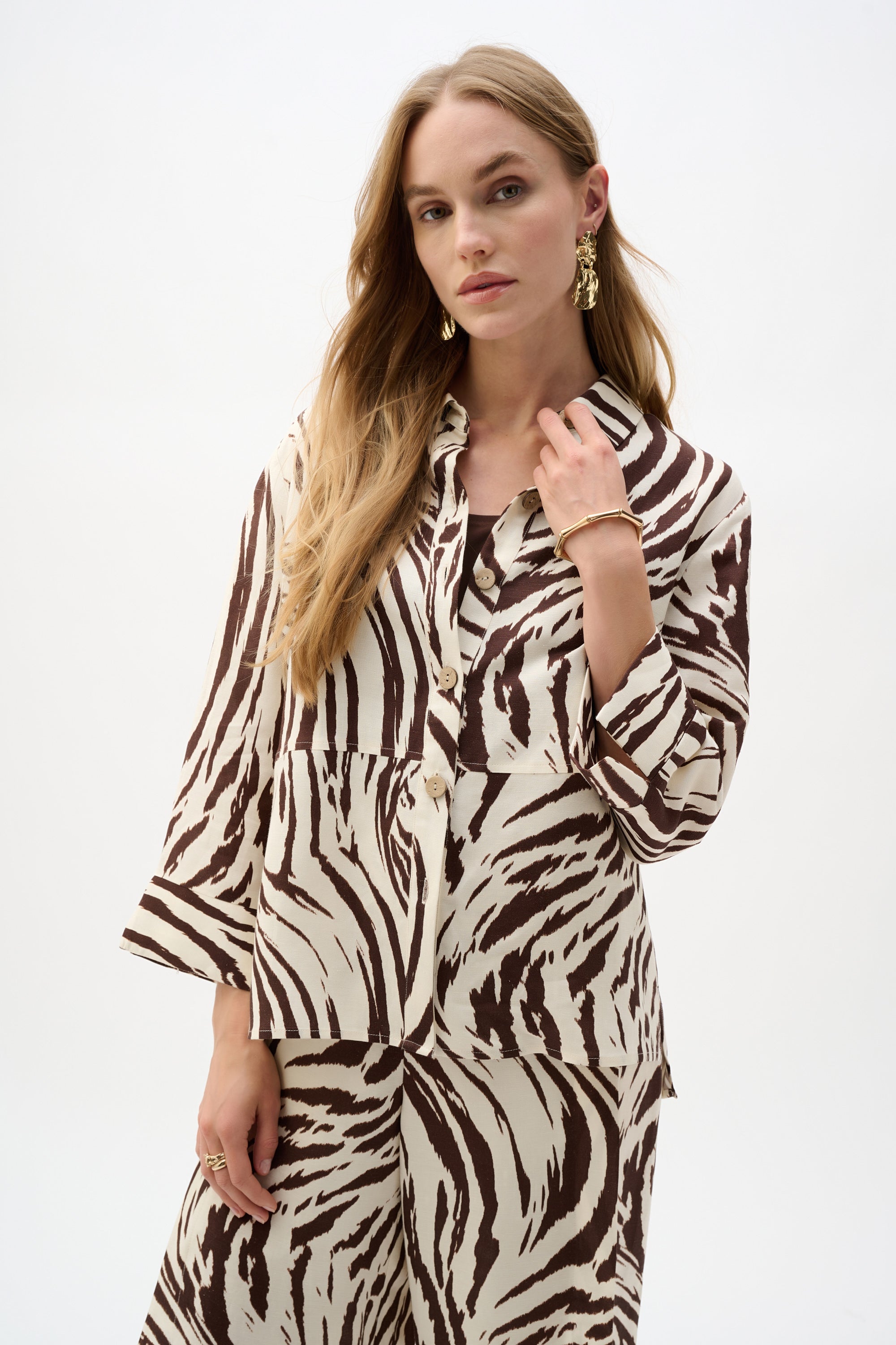 Blusa de mezcla de lino con estampado animal de línea A Beige/Marron 262943