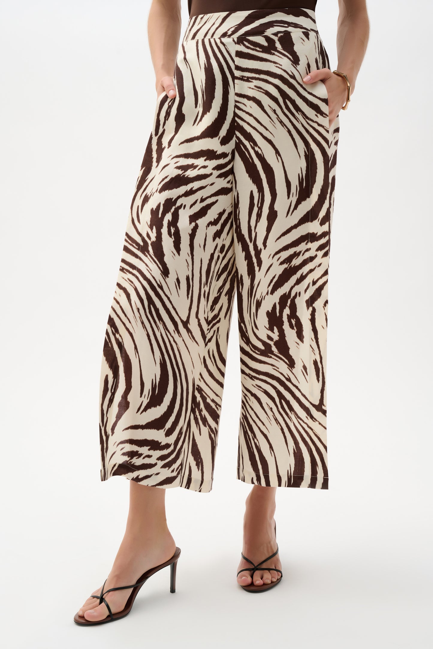 Pantalón culotte de mezcla de lino con estampado animal beige y marron 262946