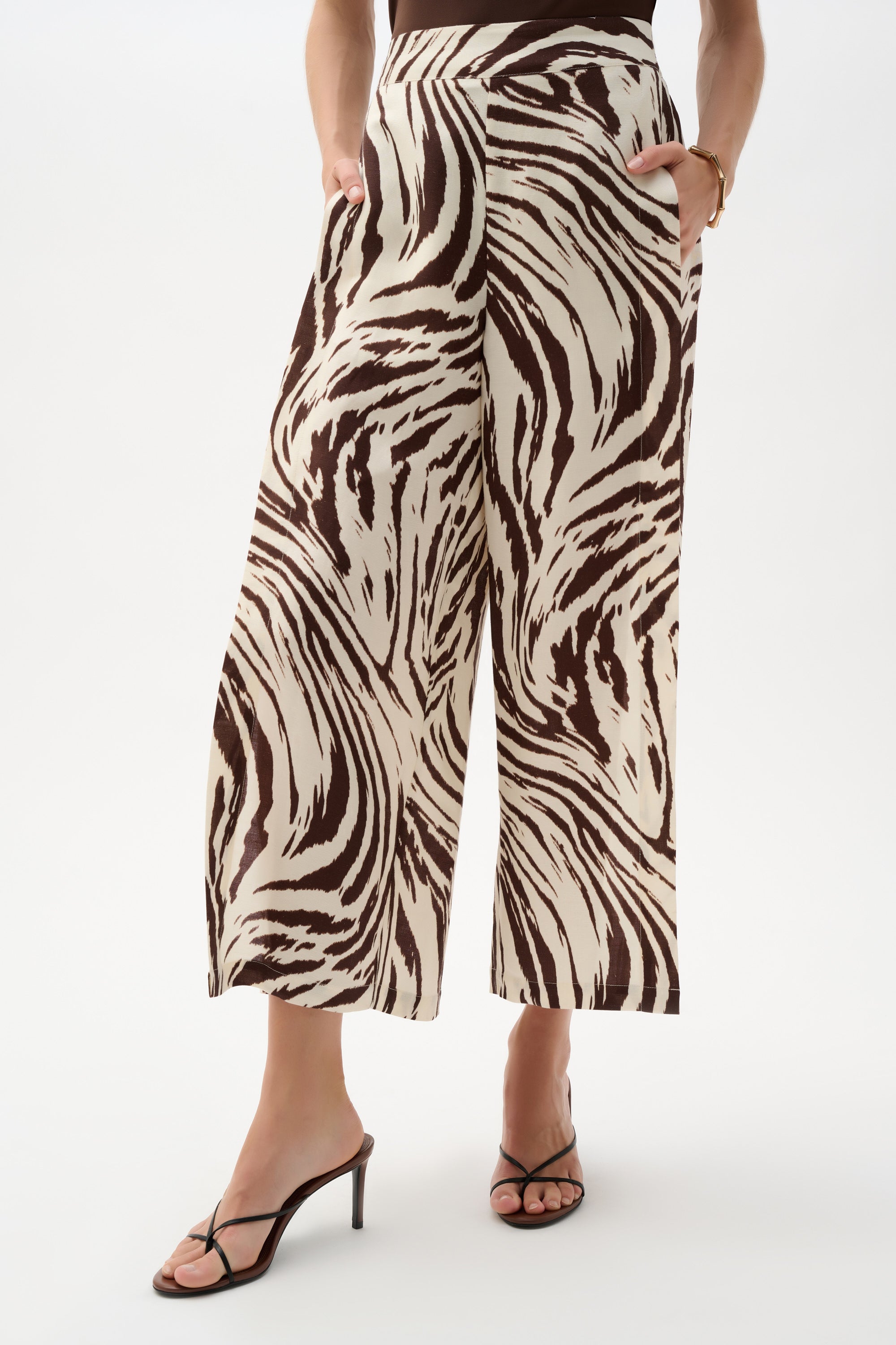 Pantalón culotte de mezcla de lino con estampado animal beige y marron 262946