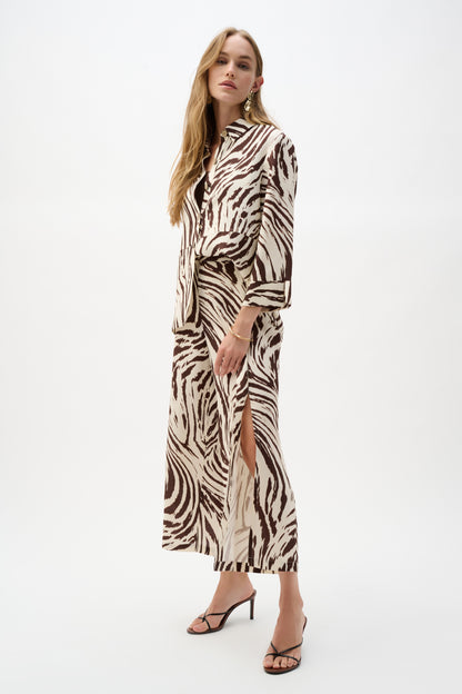 Pantalón culotte de mezcla de lino con estampado animal beige y marron 262946