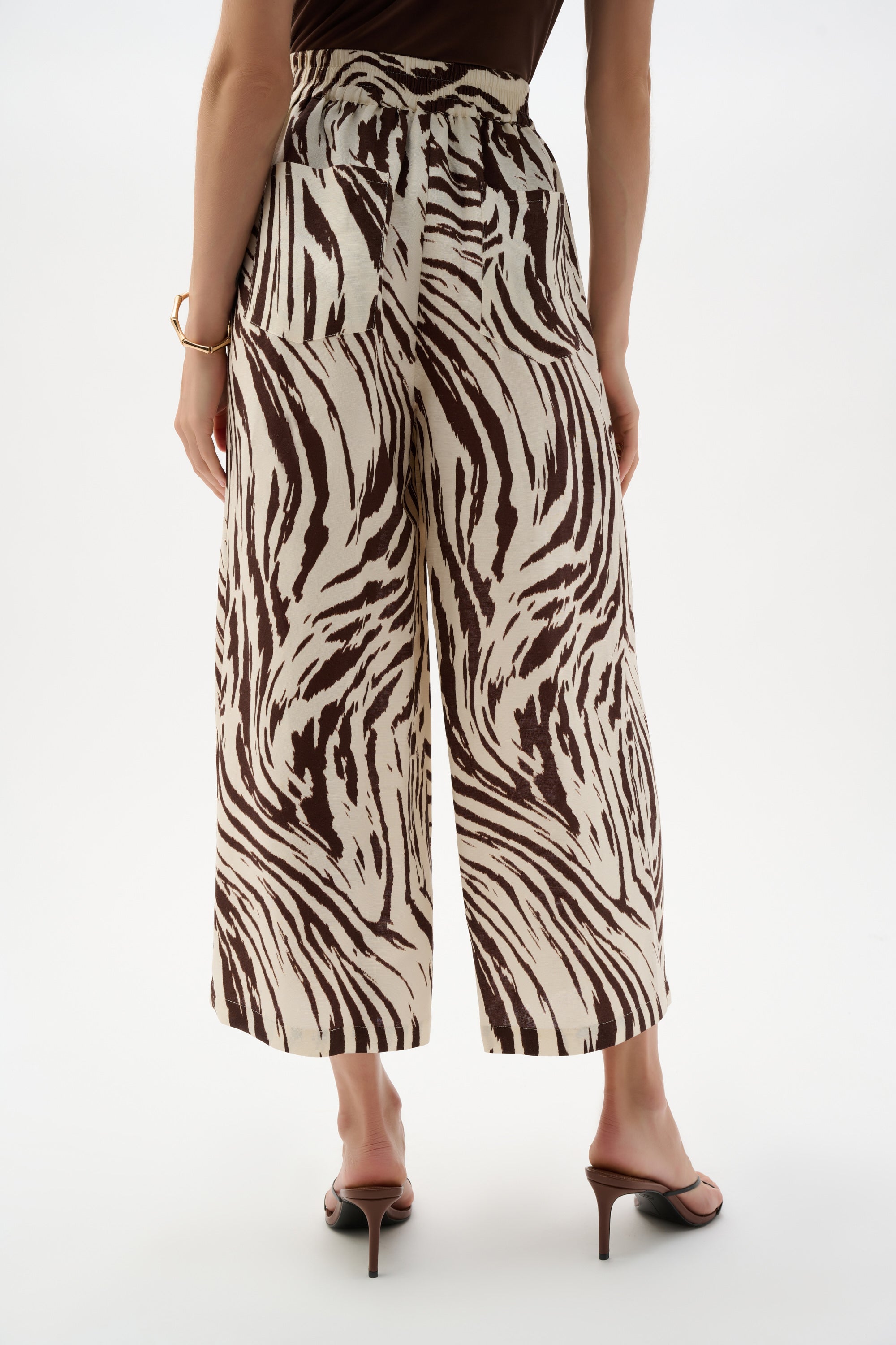 Pantalón culotte de mezcla de lino con estampado animal beige y marron 262946