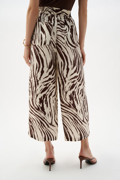 Pantalón culotte de mezcla de lino con estampado animal beige y marron 262946