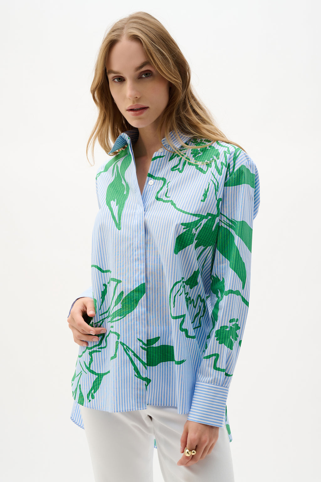 Blusa boxy de algodón con estampado floral a rayas 262951